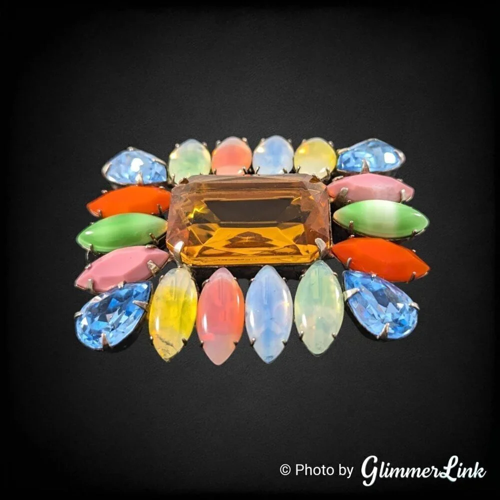 Vintage Mid Century Multicolor Rectangular Glass Stones Gold Tone Brooch
